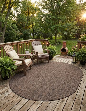 Light Brown Easy-Clean Solid Indoor / Outdoor Oval Rug