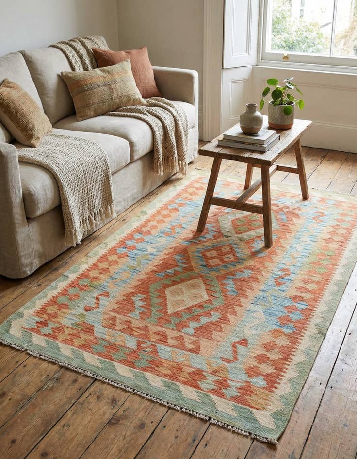 Detail image of  3' 2 x 4' 10  Hand Woven Kilim Waziri Wool Rug