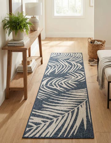 Blue Easy-Clean Botanical Indoor / Outdoor Runner Rug