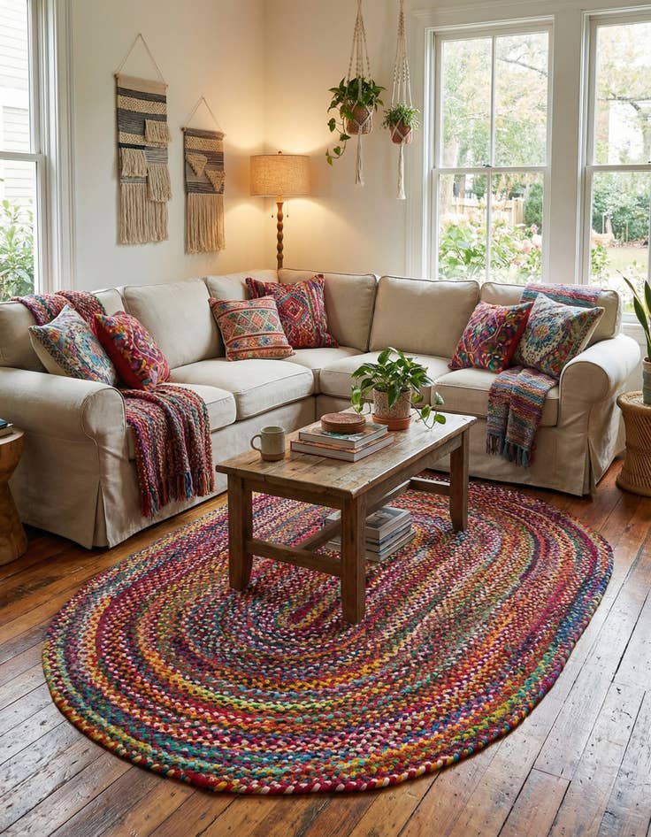 Detail image of  5' 1 x 8'  Hand Braided Chindi Oval Rug