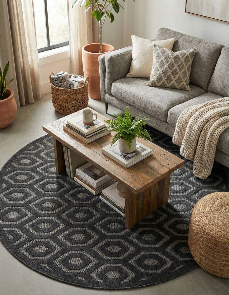 Detail image of 7' x 7'  Washable Trellis Textured Indoor / Outdoor Round Rug