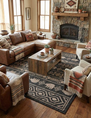 Black Easy-Clean Southwestern Indoor / Outdoor Square Rug