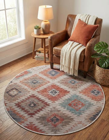 Rust red and Beige Washable Sisu Round Rug