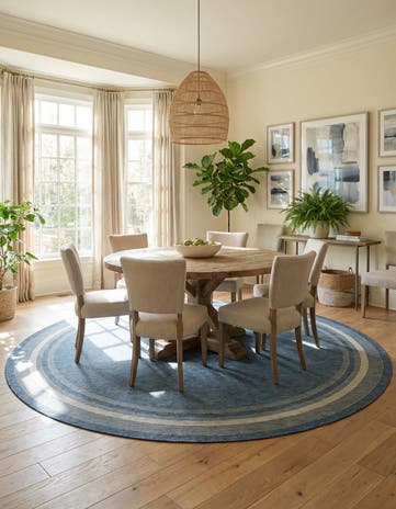 Blue Easy-Clean Border Indoor / Outdoor Round Rug