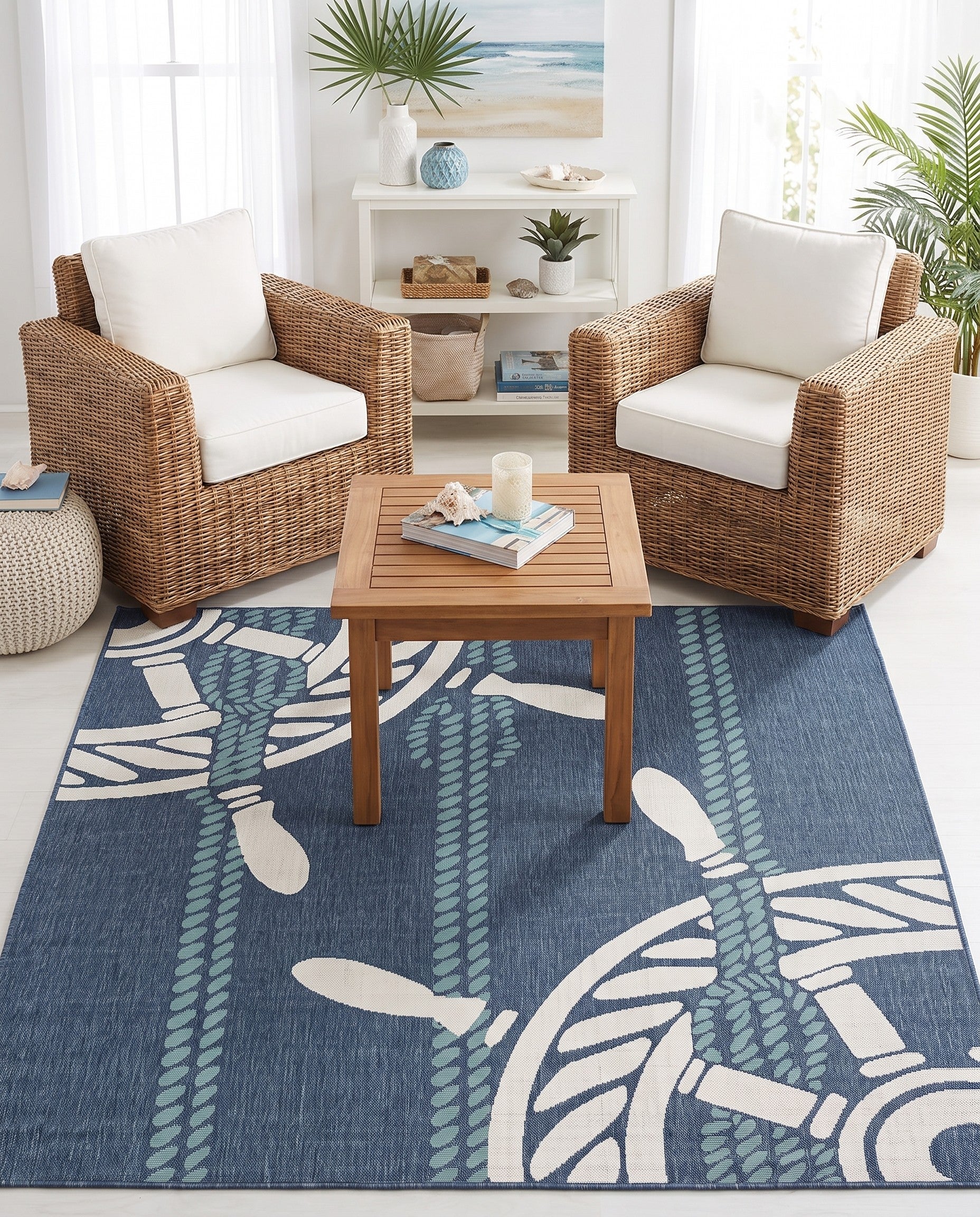 Navy Blue Easy-Clean Coastal Indoor / Outdoor Square Rug