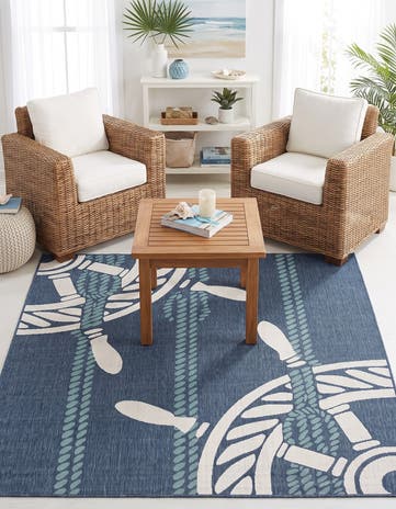 Navy Blue Easy-Clean Coastal Indoor / Outdoor Square Rug