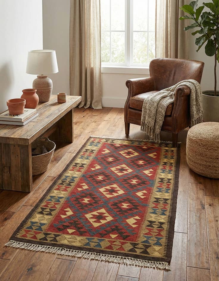 Detail image of 3' 5 x 6' 5  Hand Woven Kilim Maymana Wool Runner Rug