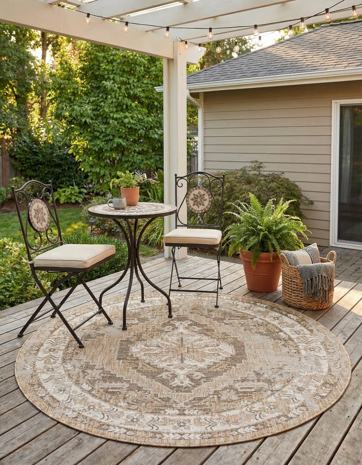 Detail image of 5' 3 x 5' 3  Washable Traditional Indoor / Outdoor Round Rug