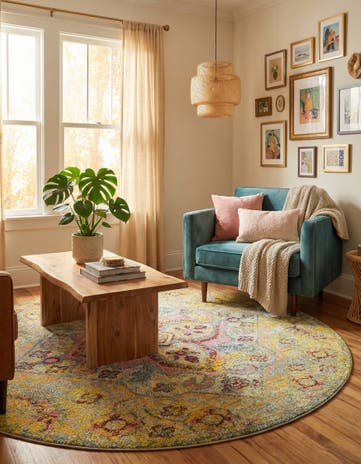 Yellow Washable Arte Round Rug