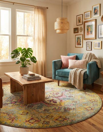 Yellow Washable Arte Round Rug