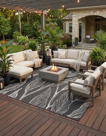 Ivory Charcoal Easy-Clean Botanical Indoor / Outdoor Square Rug