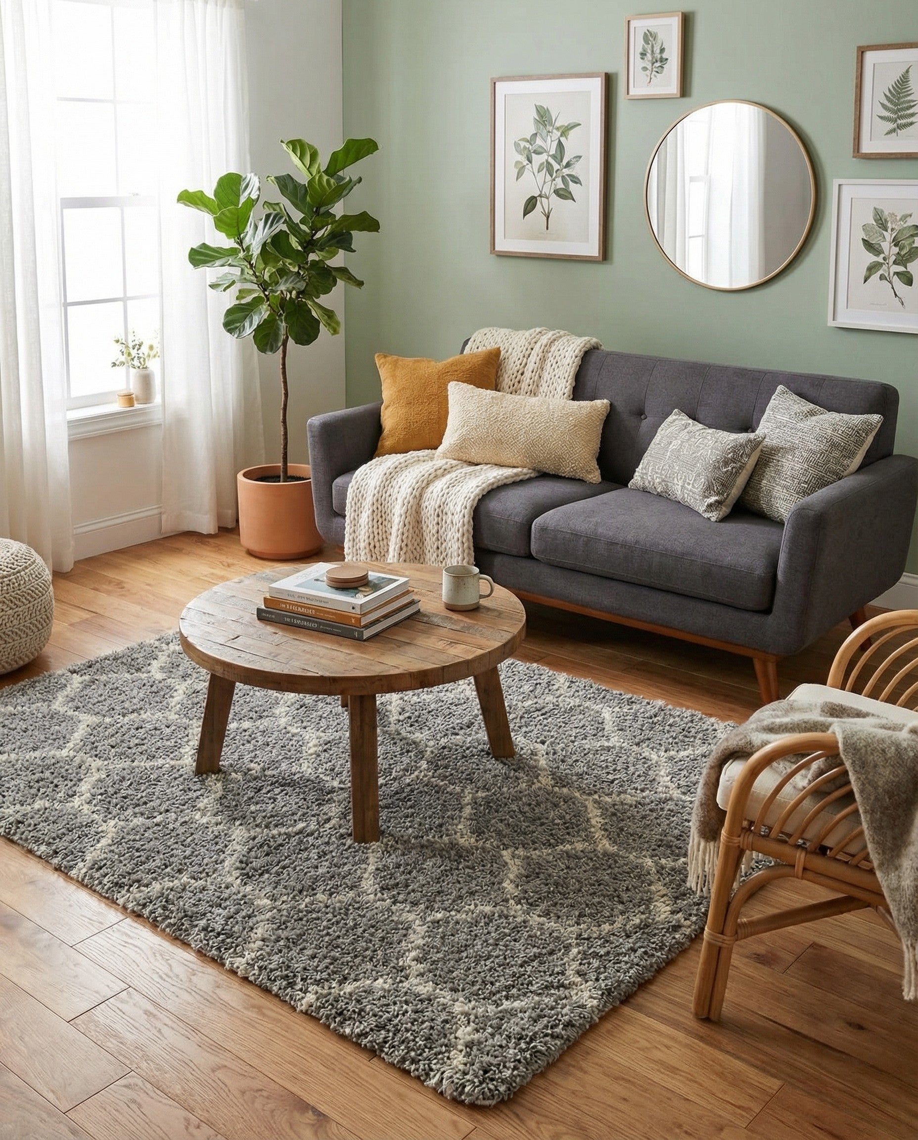 A square gray and white shag rug featuring a modern trellis pattern, showcasing its textured high-low pile.