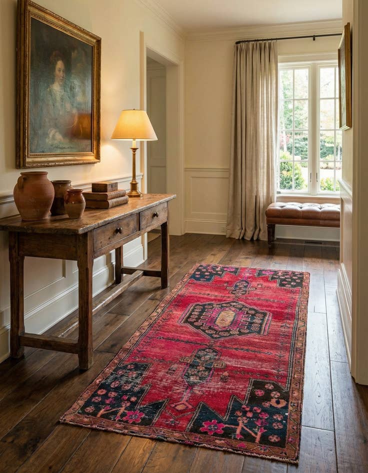 Detail image of 4' 2 x 8' 8  Hand Knotted Hamedan Persian Wool Runner Rug