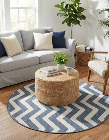 Navy Blue Easy-Clean Coastal Indoor / Outdoor Round Rug