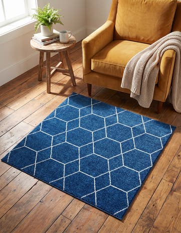 Navy Blue Lattice Frieze Square Rug