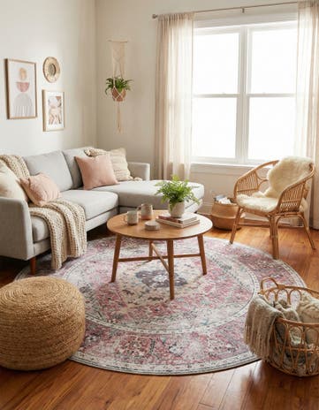 Light Coral Pink Washable Yara Round Rug