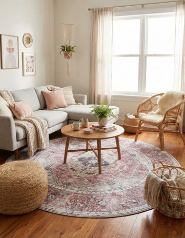 Light Coral Pink Washable Yara Round Rug