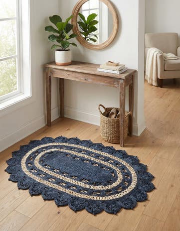 Navy Blue and White Handmade Braided Jute Oval Rug