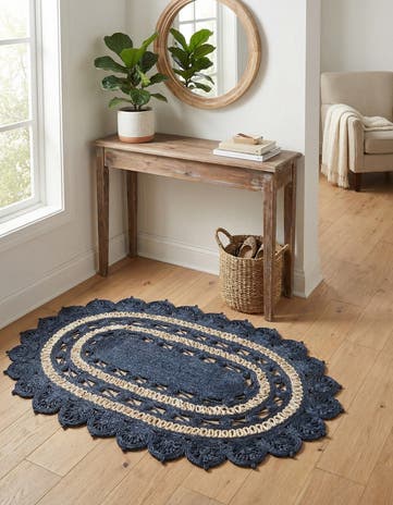 Navy Blue and White Handmade Braided Jute Oval Rug