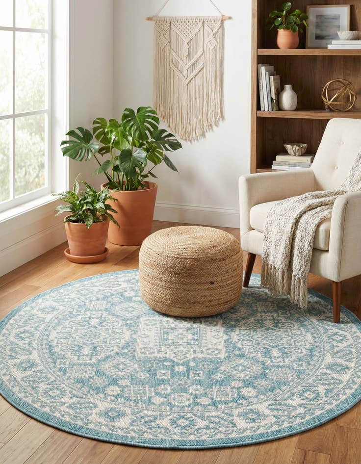 Detail image of 4' x 4'  Washable Aztec Indoor / Outdoor Round Rug