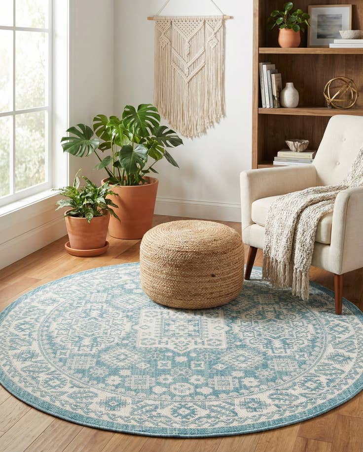 Detail image of 4' x 4' Easy-Clean Aztec Indoor / Outdoor Round Rug