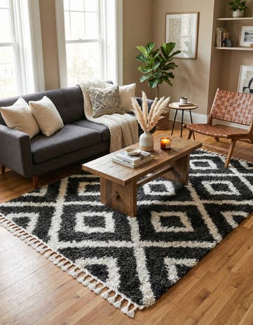 Black and White Athena Shag Square Rug