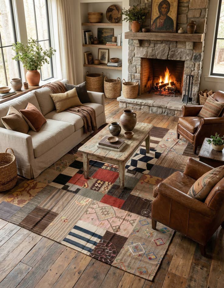 Detail image of  6' 7 x 9' 11  Hand Woven Kilim Patchwork Wool Rug