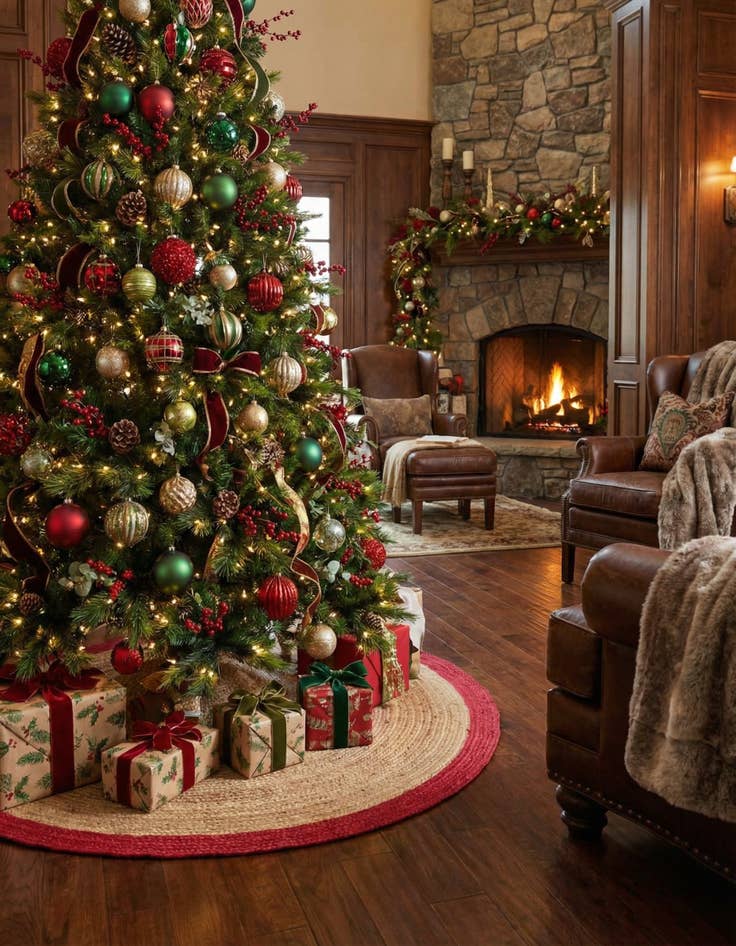 Detail image of  7' 1 x 7' 1  Hand Braided Christmas Tree Skirt