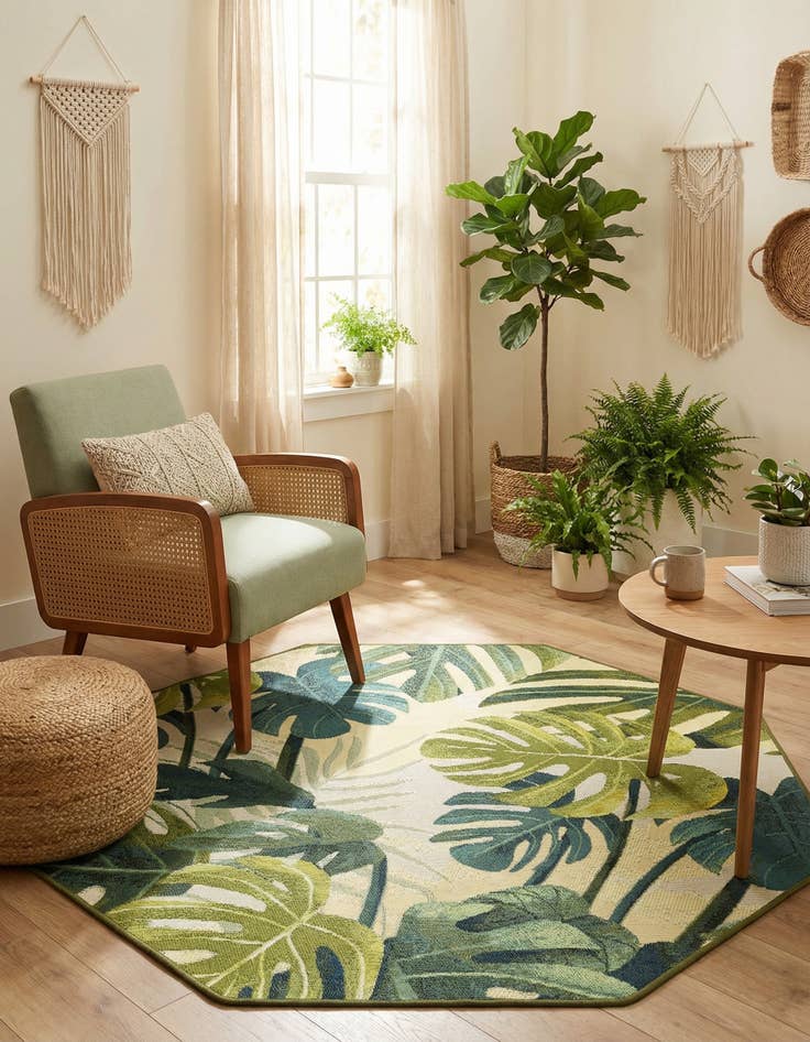 Detail image of 4' x 4'  Washable Botanical Indoor / Outdoor Octagon Rug