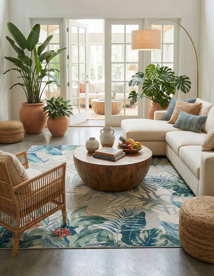 Detail image of 12' x 12'  Washable Botanical Indoor / Outdoor Square Rug