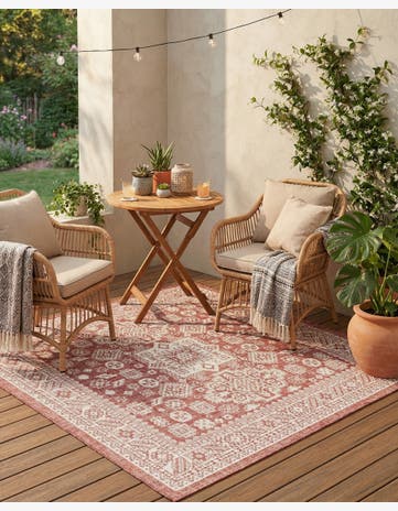 Rust Red Easy-Clean Aztec Indoor / Outdoor Square Rug