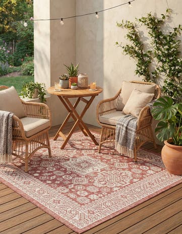 Rust Red Easy-Clean Aztec Indoor / Outdoor Square Rug