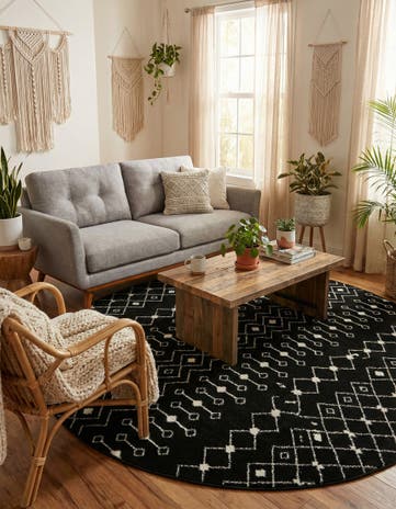 Black and White Moroccan Trellis Round Rug