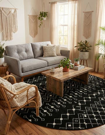 Black and White Moroccan Trellis Round Rug