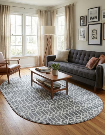 Gray Lattice Trellis Oval Rug