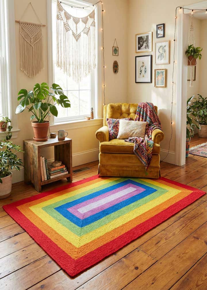 5' 1 x 8' Handmade Hand Braided Rainbow Wool Rug