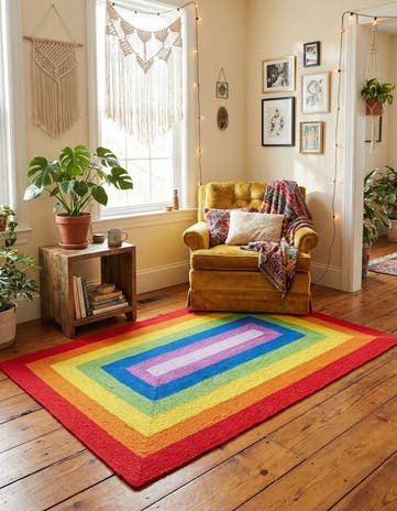 5' 1 x 8' Handmade Hand Braided Rainbow Wool Rug