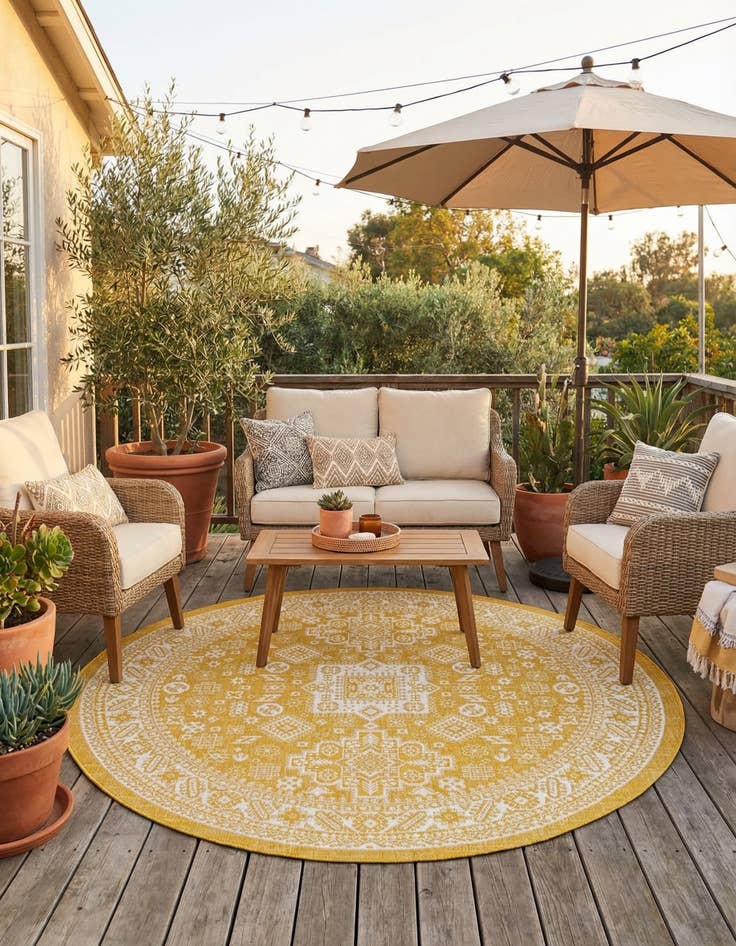 Detail image of 7' 10 x 7' 10  Washable Aztec Indoor / Outdoor Round Rug