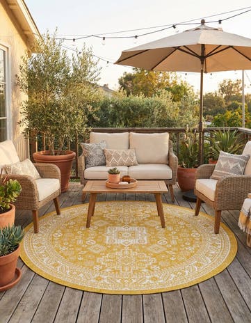 Yellow Easy-Clean Aztec Indoor / Outdoor Round Rug