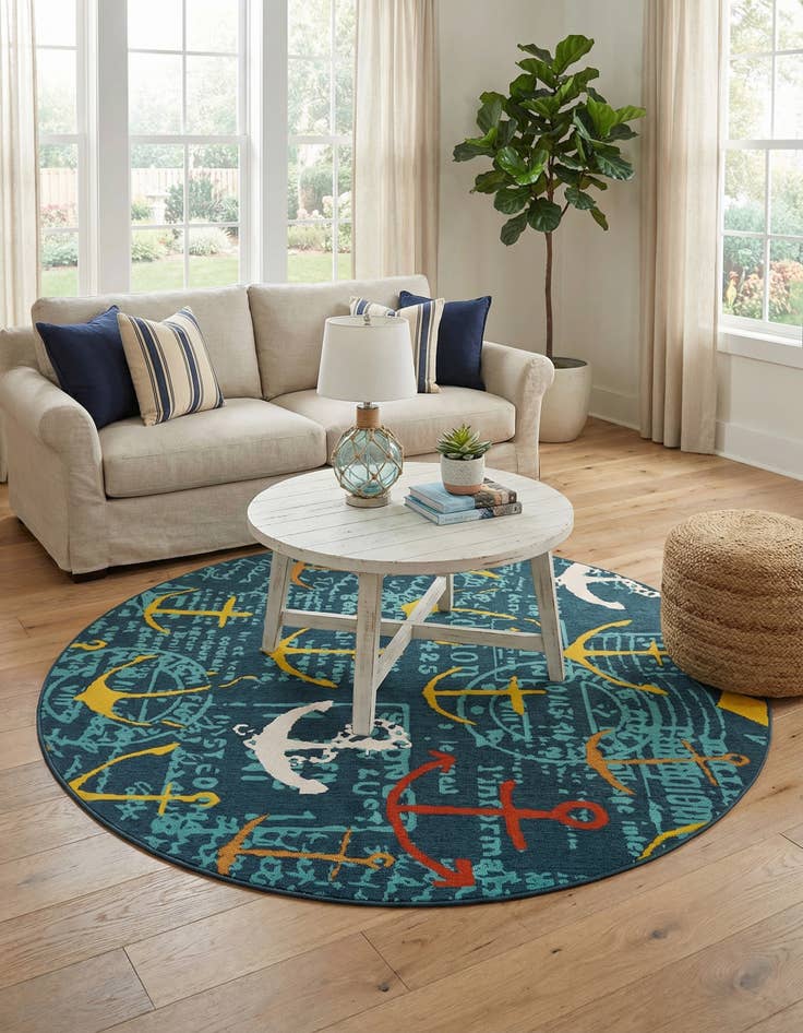 Detail image of 7' 10 x 7' 10  Washable Coastal Indoor / Outdoor Round Rug
