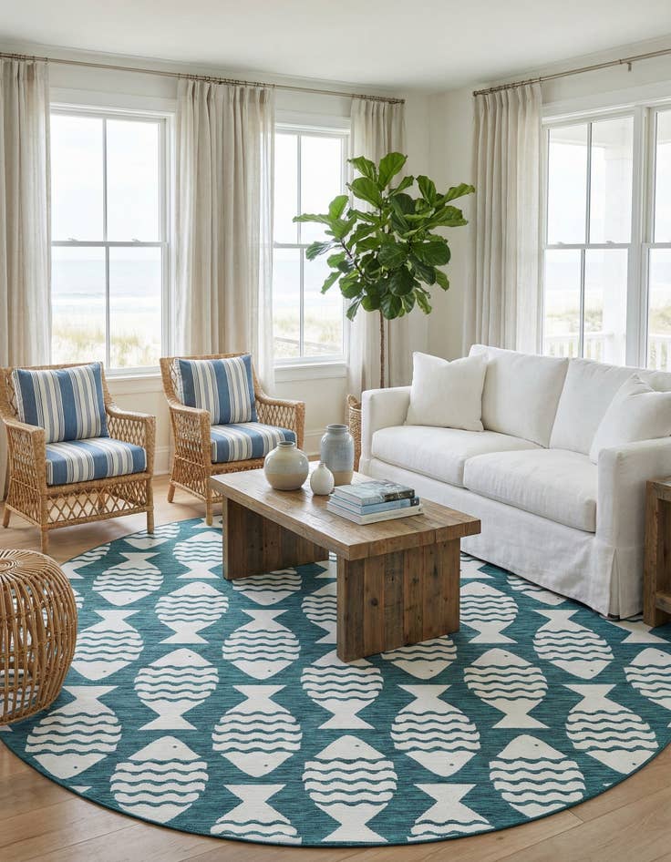 Detail image of 12' x 12'  Washable Coastal Indoor / Outdoor Round Rug