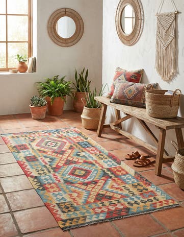 3' 4 x 6' 7 Hand Woven Kilim Maymana Wool Runner Rug