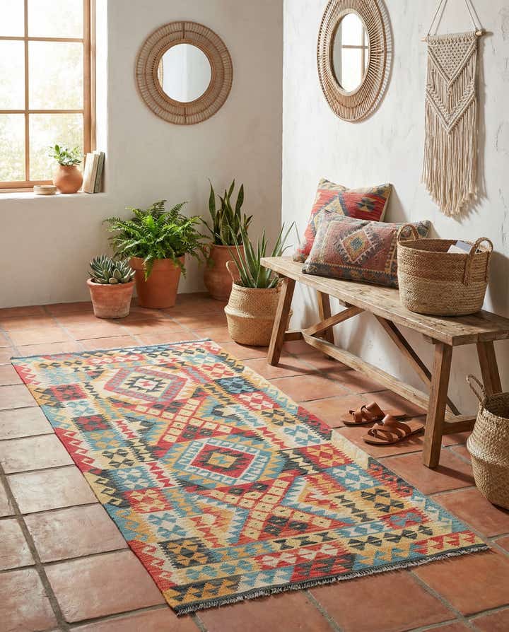 3' 4 x 6' 7 Hand Woven Kilim Maymana Wool Runner Rug