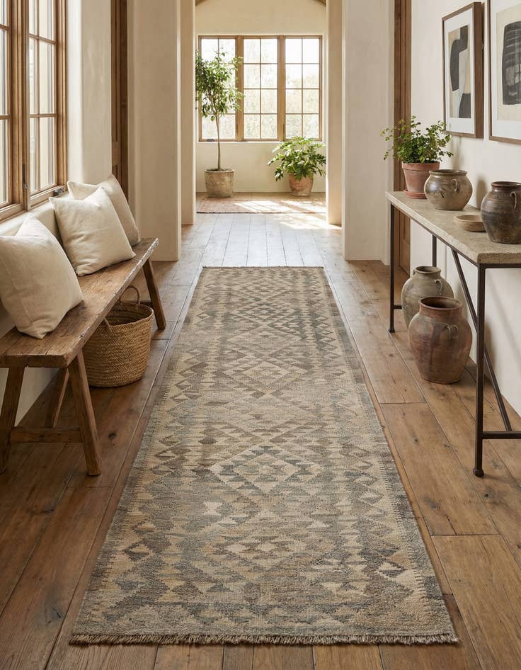 Detail image of 2' 10 x 9' 9 Hand Woven Kilim Maymana Wool Runner Rug