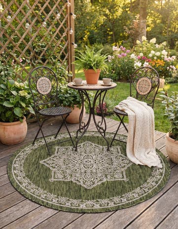 Green Easy-Clean Traditional Indoor / Outdoor Round Rug