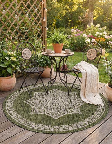 Green Easy-Clean Traditional Indoor / Outdoor Round Rug