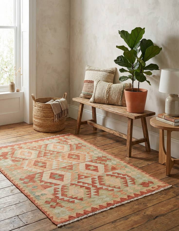 Detail image of  3' 2 x 4'  Hand Woven Kilim Waziri Wool Rug