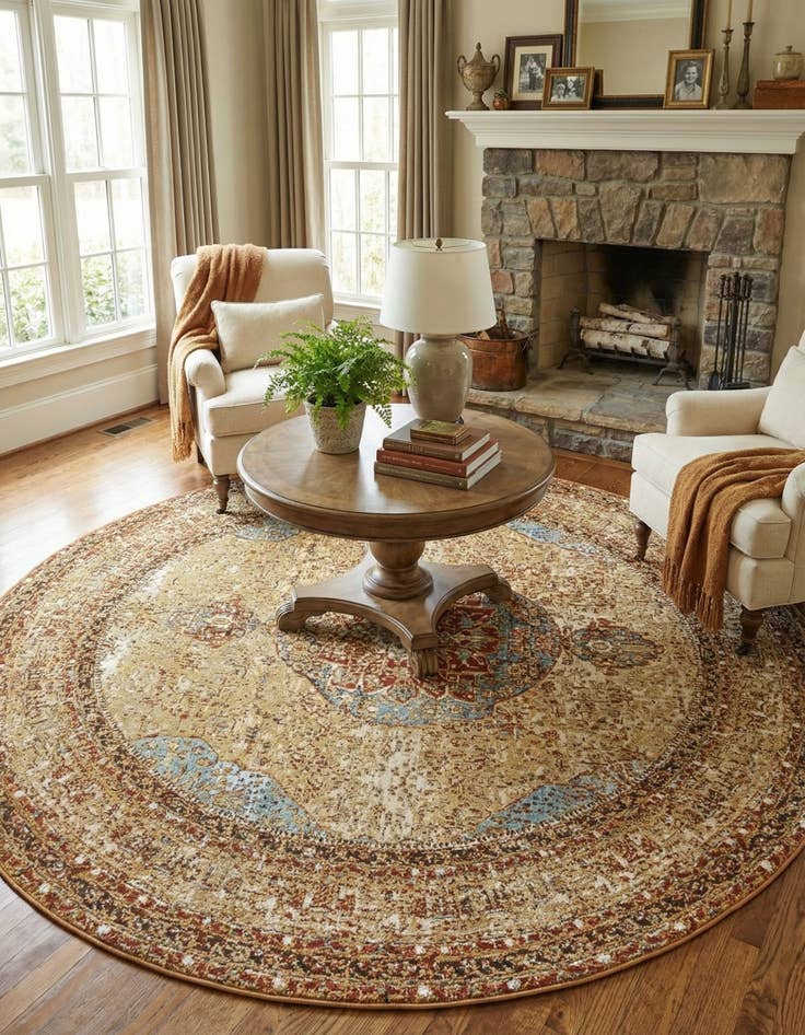 Detail image of 7' 10 x 7' 10 Easy-Clean Traditional Indoor / Outdoor Round Rug