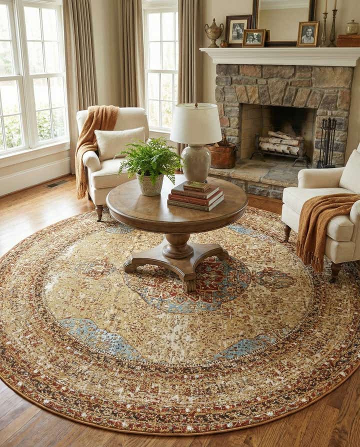 7' 10 x 7' 10 Easy-Clean Traditional Indoor / Outdoor Round Rug