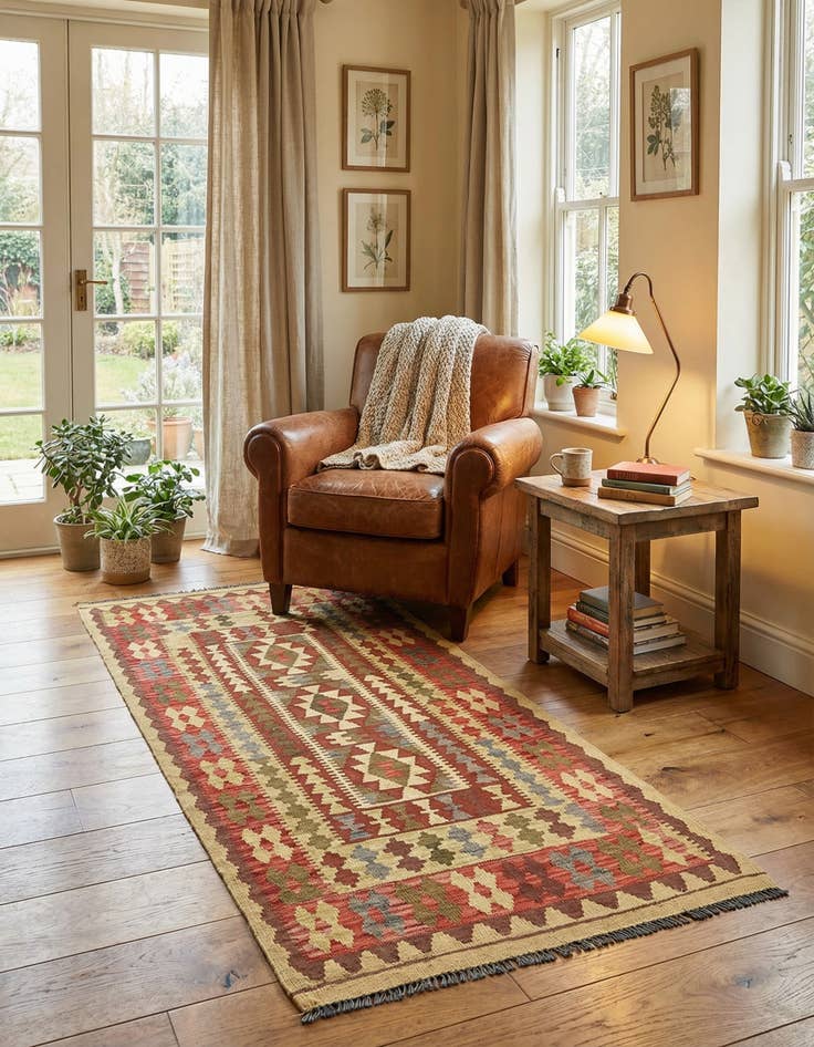 Detail image of 3' 2 x 6' 5  Hand Woven Kilim Maymana Wool Runner Rug